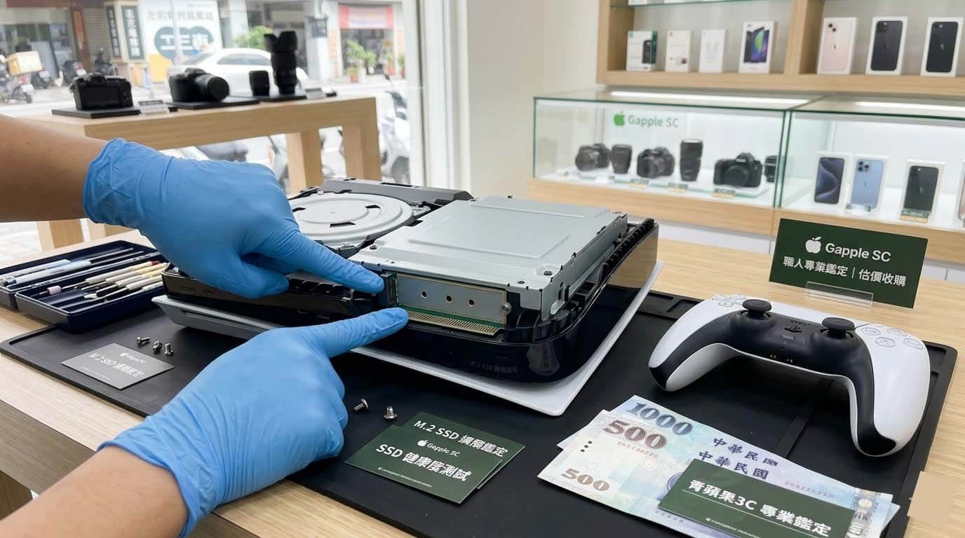 專業職人於實體門市評估二手 PS5 光碟版主機，並安全檢視內部擴充的 M.2 SSD 固態硬碟
